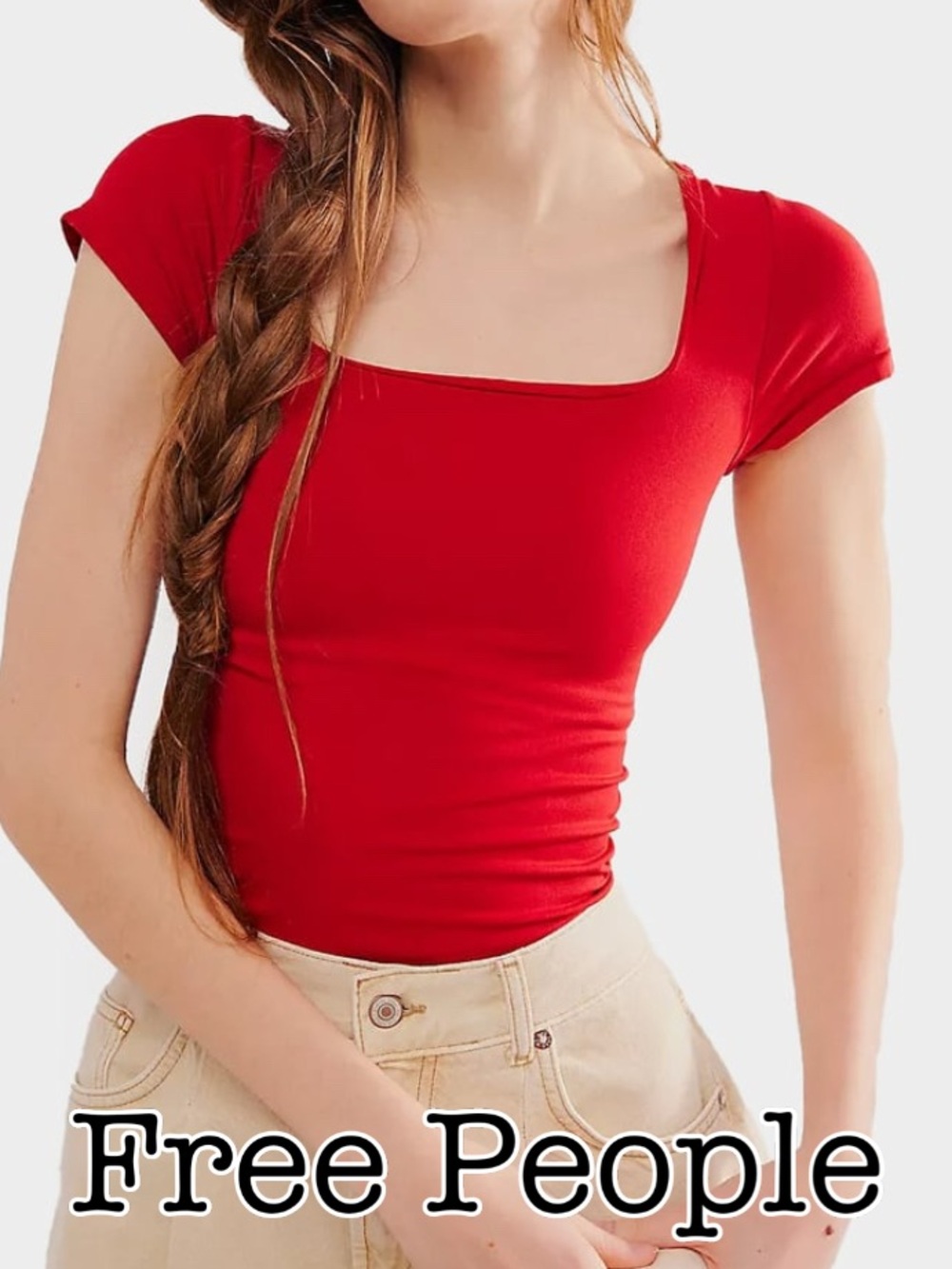 Free People Red Lipstick Cap Sleeve Tee Size XL